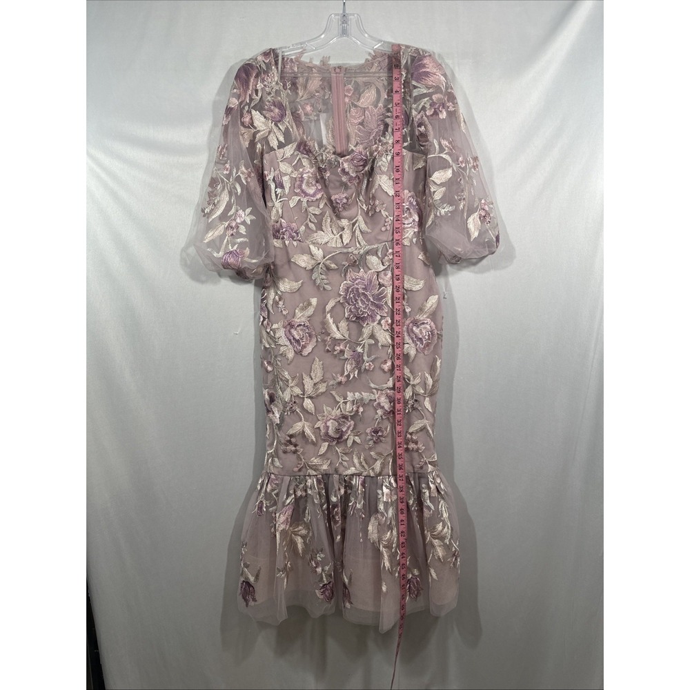 NEW $795 Marchesa Notte [ 6 ] Embroidered Puff Sleeve Midi Dress Rose Pink J2151 - Picture 6 of 15